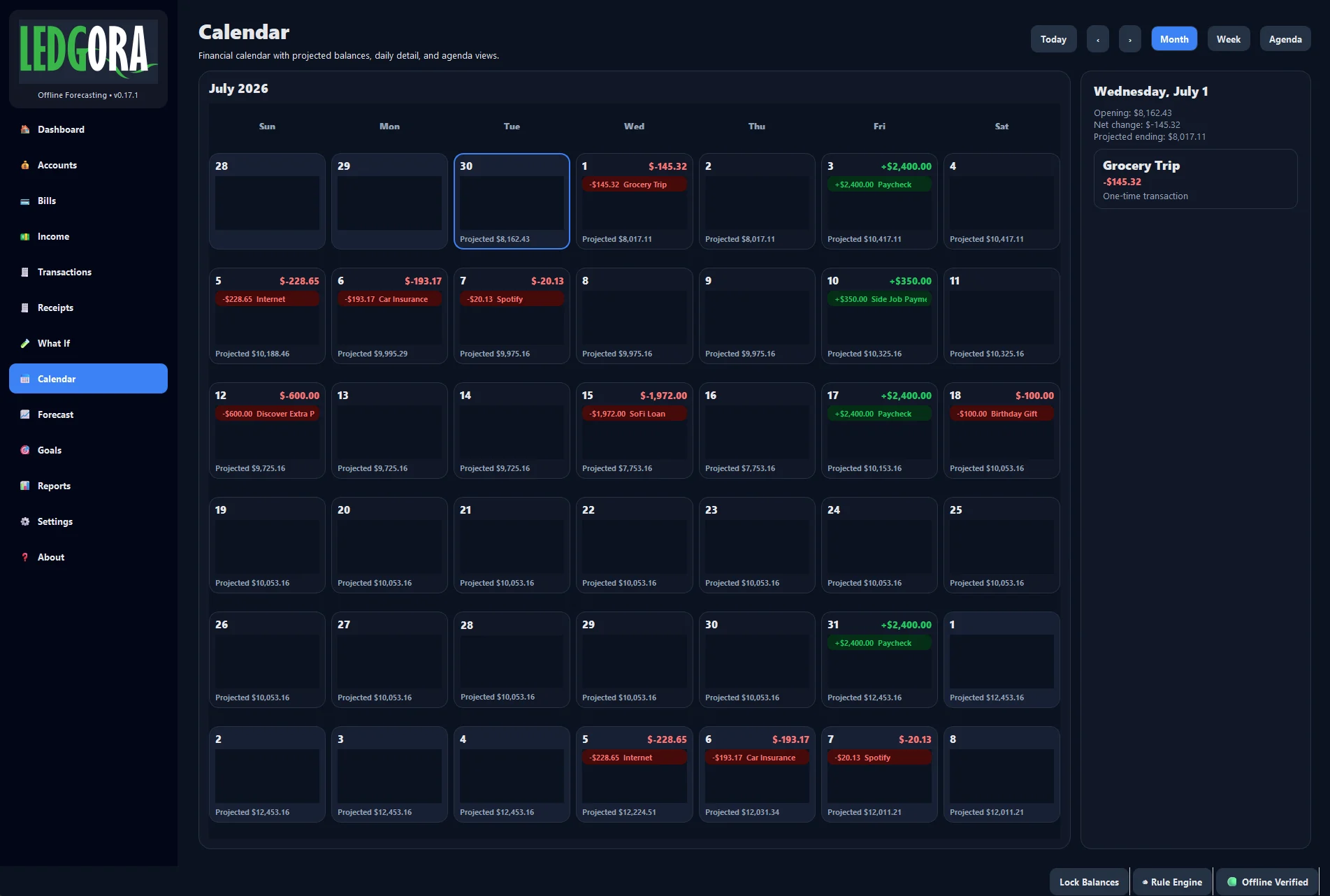 Calendar page showing projected balances and scheduled activity by day.