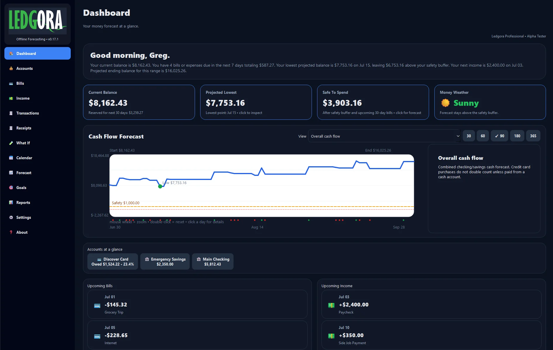 Dashboard with forecast graph and summary cards.