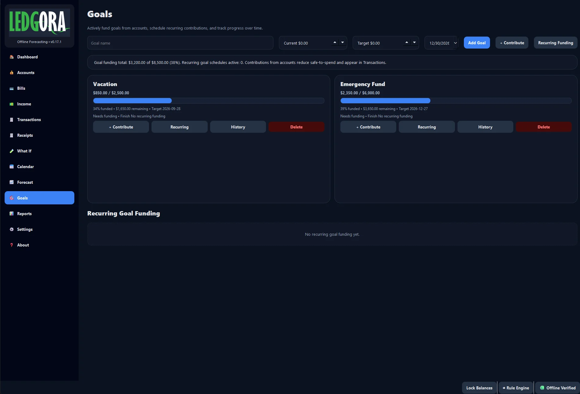 Goals page showing goal funding progress and contribution controls.
