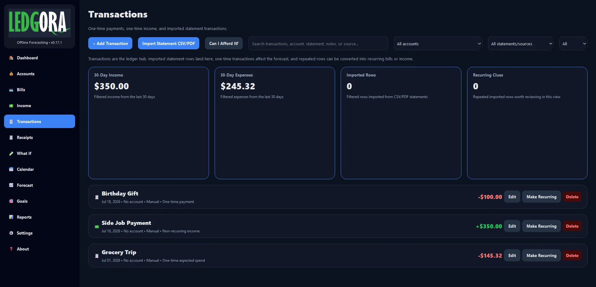 Transactions page with filters, recurring clues, and transaction list.